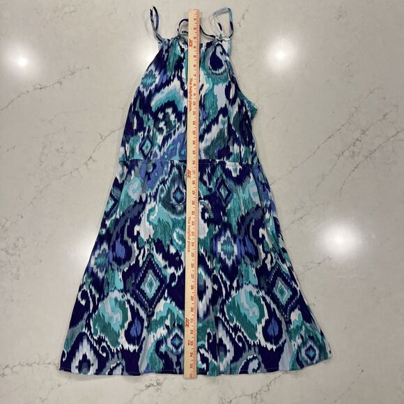 Athleta Women Midi Sun Dress Built in Bra Sz XS Aqua Blue White Halter Pockets - Picture 3 of 8